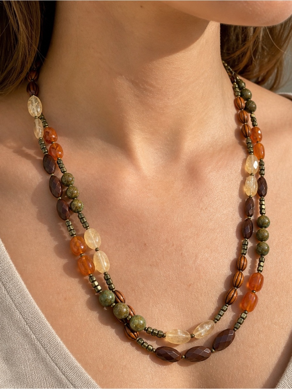 VTG Premier Designs "Mango" Long 54" Beaded Statement Necklace - Earth Tones